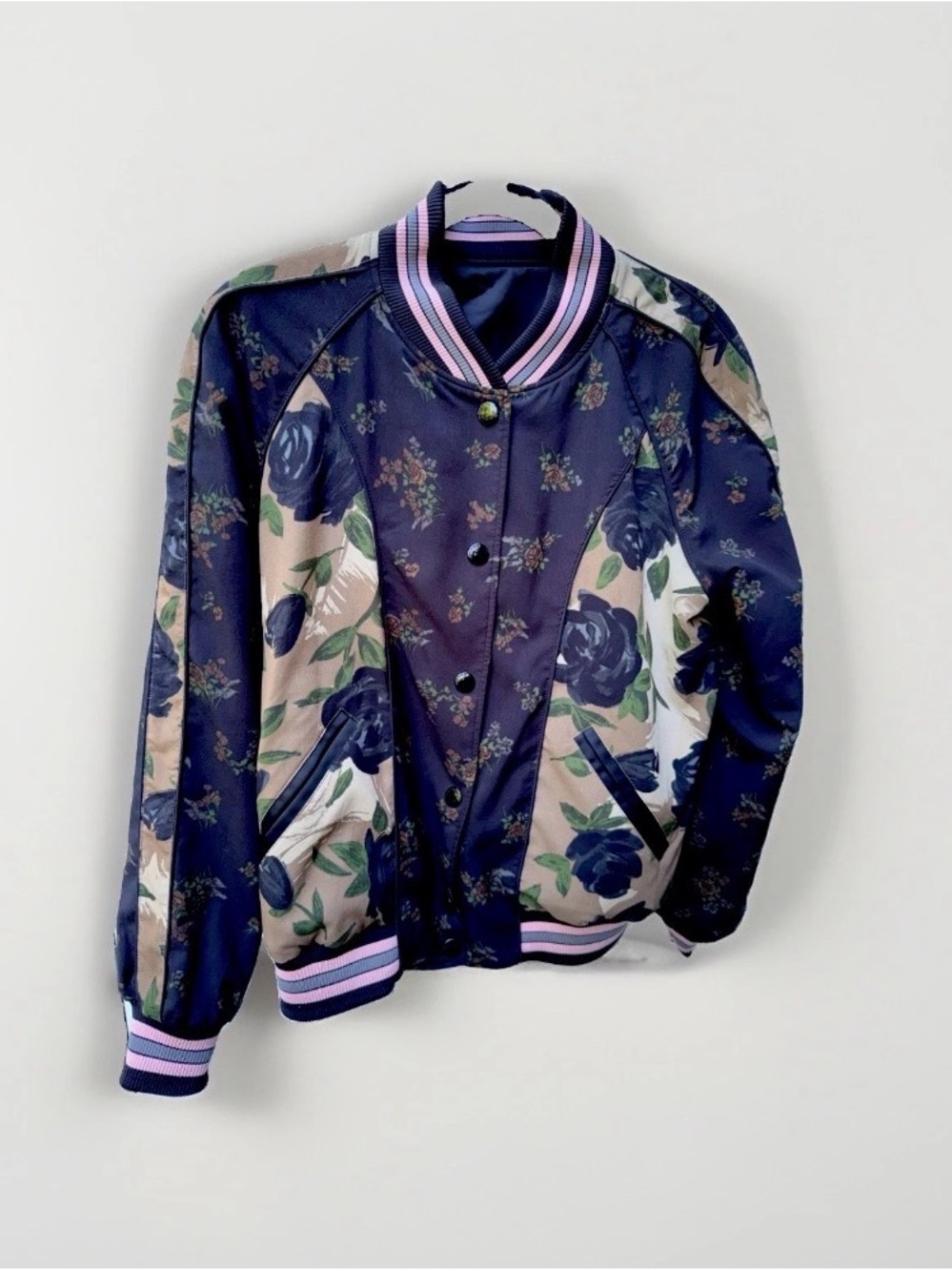 Coach Navy and Beige Floral Satin Bomber Jacket